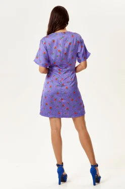 Women's Mini Dress with Knot Front, Floral Print, Short Sleeves, Perfect Fit in Purple - Liquorish