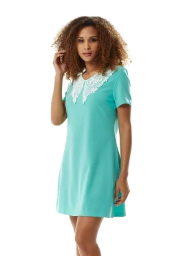 Women's Mini Dress with Lace Collar, Mint Green, Regular Fit, Comfortable Stretch Fabric, Elegant Style - Liquorish
