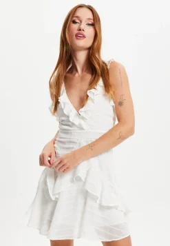 Women's Mini Dress with Layered Frill and V-Neck in White - Effortless Elegance by Liquorish
