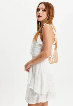 Women's Mini Dress with Layered Frill and V-Neck in White - Effortless Elegance by Liquorish