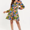 Women's Mini Dress with Long Balloon Sleeves in Olive - Abstract Leaf Print with V-Neck and Satin Shimmer Fabric by Liquorish