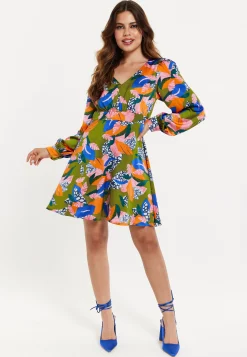 Women's Mini Dress with Long Balloon Sleeves in Olive - Abstract Leaf Print with V-Neck and Satin Shimmer Fabric by Liquorish