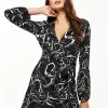 Women's Mini Dress with Long Sleeves in Black - Flattering Wrap Style and Playful Scribble Print by Liquorish