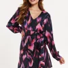 Women's Mini Dress with Long Balloon Sleeves in Black and Pink Abstract Print, Featuring Wrap Design and Side Leg Slit, Liquorish