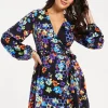 Women's Mini Dress with Long Balloon Sleeves in Orange and Blue Speckle Floral Print – Wrap Design by Liquorish