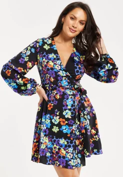 Women's Mini Dress with Long Balloon Sleeves in Orange and Blue Speckle Floral Print – Wrap Design by Liquorish