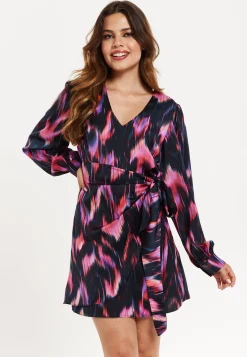 Women's Mini Dress with Long Balloon Sleeves in Black and Pink Abstract Print, Featuring Wrap Design and Side Leg Slit, Liquorish