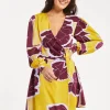 Women's Mini Dress with Long Balloon Sleeves in Yellow and Burgundy Geometric Floral Print - Liquorish