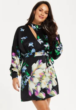 Women's Mini Dress with Long Balloon Sleeves in Floral Print and Cut Out Detail - Elegant Black and Multi-Colored Design by Liquorish