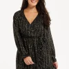 Women's Mini Dress with Long Sleeves in Gold Chiffon - Stylish Wrap Design, Perfect for Any Occasion - Liquorish
