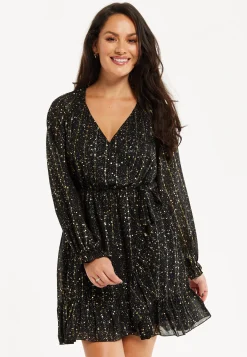 Women's Mini Dress with Long Sleeves in Gold Chiffon - Stylish Wrap Design, Perfect for Any Occasion - Liquorish