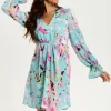 Women's Mini Dress with Long Sleeves, Blue Abstract Print, Open Back Design, Chic & Flattering - Liquorish