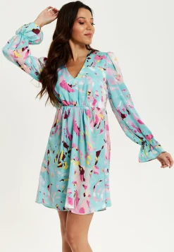 Women's Mini Dress with Long Sleeves, Blue Abstract Print, Open Back Design, Chic & Flattering - Liquorish
