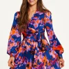 Women's Mini Dress with Long Sleeves in Navy Featuring Abstract Print Wrap Style by Liquorish