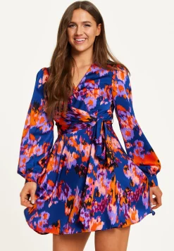 Women's Mini Dress with Long Sleeves in Navy Featuring Abstract Print Wrap Style by Liquorish