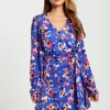 Women's Mini Dress with Long Balloon Sleeves in Multicolour Abstract Dot Print - Elegant Wrap Style by Liquorish