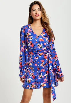 Women's Mini Dress with Long Balloon Sleeves in Multicolour Abstract Dot Print - Elegant Wrap Style by Liquorish