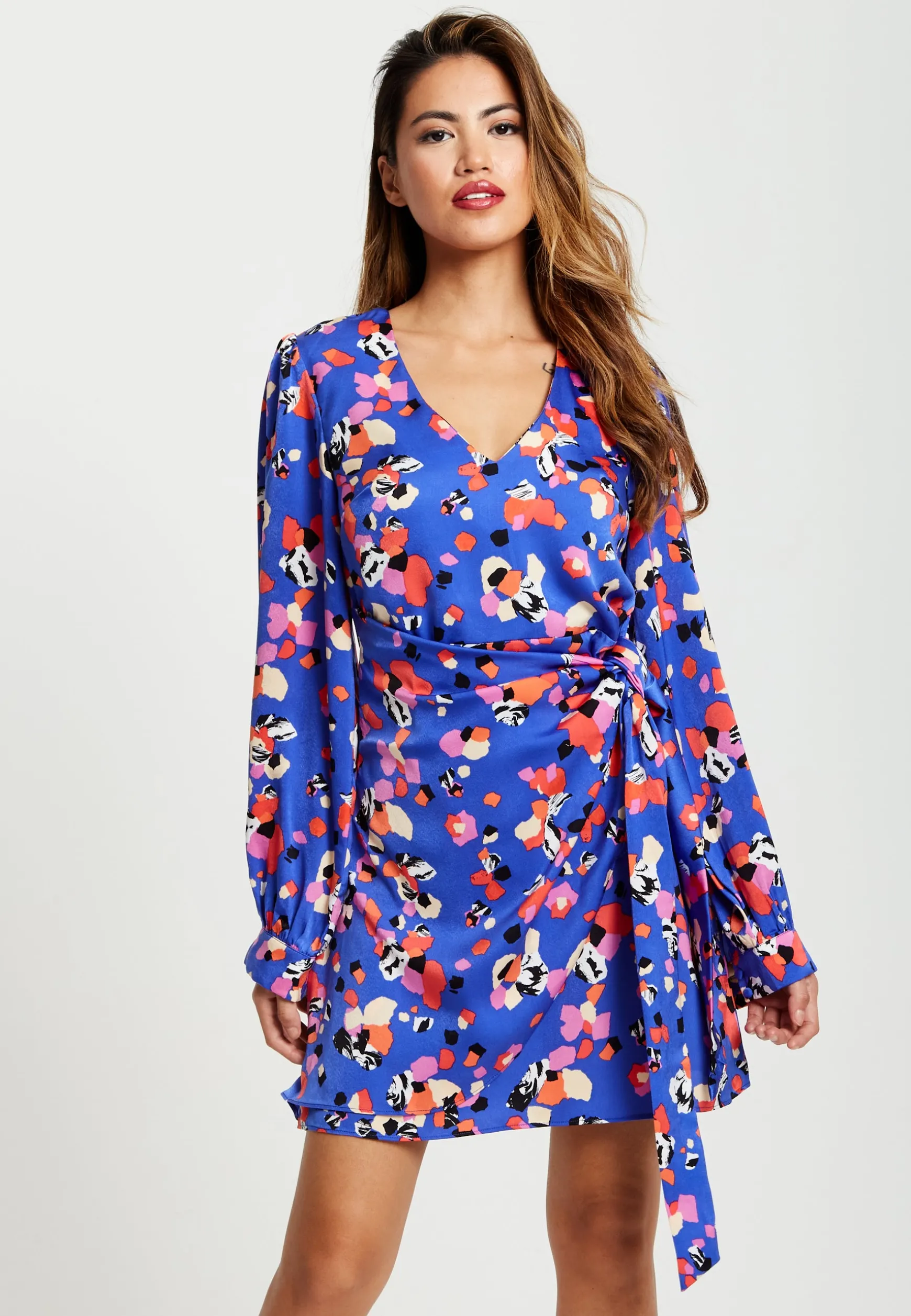 Women's Mini Dress with Long Balloon Sleeves in Multicolour Abstract Dot Print - Elegant Wrap Style by Liquorish