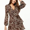Women's Mini Dress with Long Sleeves and Tie Waist in Brown - Stylish Scribble Print by Liquorish