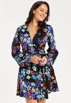 Women's Mini Dress with Long Balloon Sleeves in Orange and Blue Speckle Floral Print – Wrap Design by Liquorish