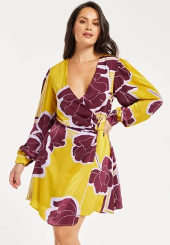 Women's Mini Dress with Long Balloon Sleeves in Yellow and Burgundy Geometric Floral Print - Liquorish