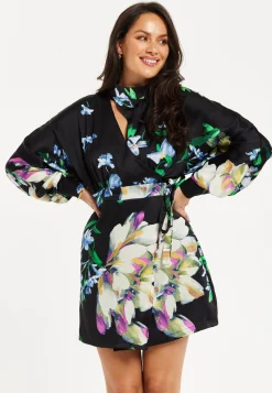 Women's Mini Dress with Long Balloon Sleeves in Floral Print and Cut Out Detail - Elegant Black and Multi-Colored Design by Liquorish