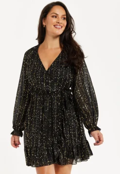 Women's Mini Dress with Long Sleeves in Gold Chiffon - Stylish Wrap Design, Perfect for Any Occasion - Liquorish