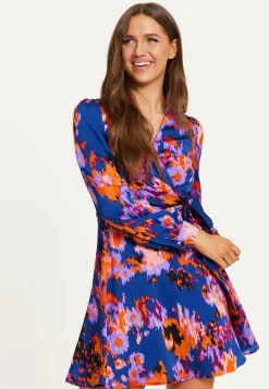 Women's Mini Dress with Long Sleeves in Navy Featuring Abstract Print Wrap Style by Liquorish
