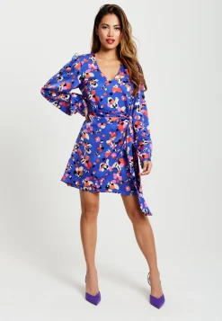Women's Mini Dress with Long Balloon Sleeves in Multicolour Abstract Dot Print - Elegant Wrap Style by Liquorish