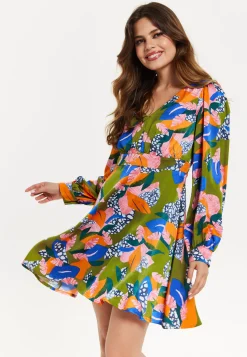 Women's Mini Dress with Long Balloon Sleeves in Olive - Abstract Leaf Print with V-Neck and Satin Shimmer Fabric by Liquorish