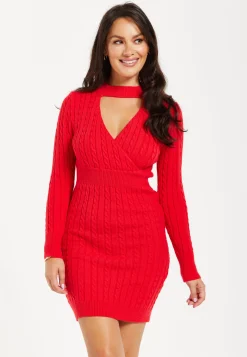 Women's Mini Dress with Long Sleeves and Unique Cut Out Front in Red - Cable Knit Style by Liquorish