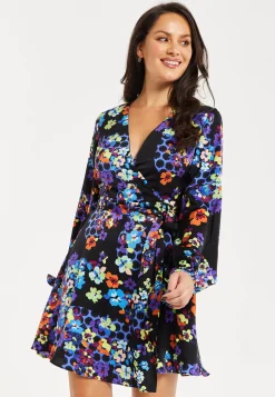 Women's Mini Dress with Long Balloon Sleeves in Orange and Blue Speckle Floral Print – Wrap Design by Liquorish