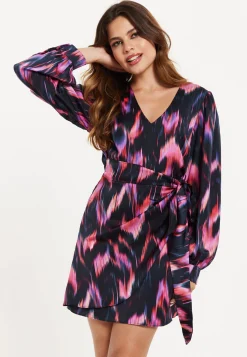 Women's Mini Dress with Long Balloon Sleeves in Black and Pink Abstract Print, Featuring Wrap Design and Side Leg Slit, Liquorish