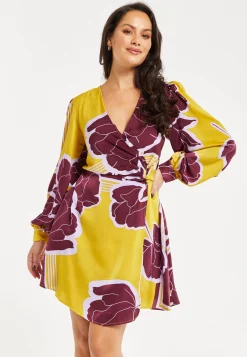 Women's Mini Dress with Long Balloon Sleeves in Yellow and Burgundy Geometric Floral Print - Liquorish