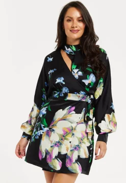 Women's Mini Dress with Long Balloon Sleeves in Floral Print and Cut Out Detail - Elegant Black and Multi-Colored Design by Liquorish