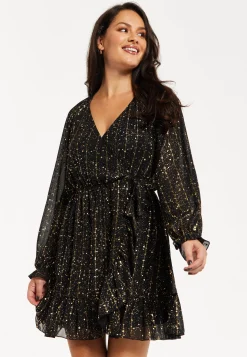 Women's Mini Dress with Long Sleeves in Gold Chiffon - Stylish Wrap Design, Perfect for Any Occasion - Liquorish