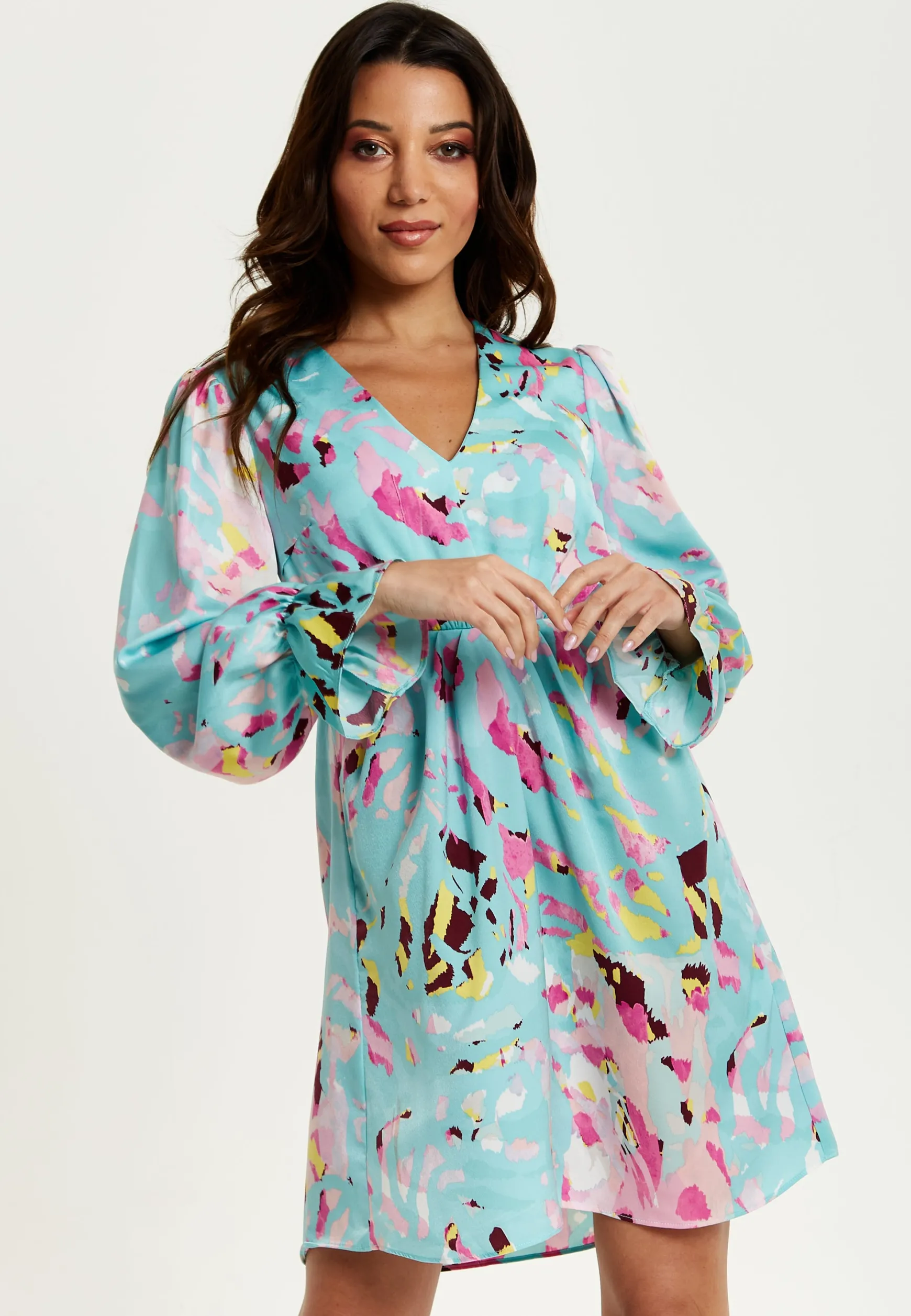 Women's Mini Dress with Long Sleeves, Blue Abstract Print, Open Back Design, Chic & Flattering - Liquorish