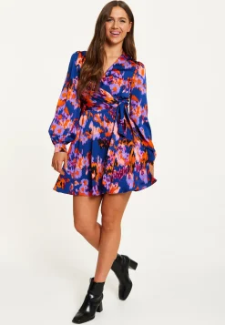 Women's Mini Dress with Long Sleeves in Navy Featuring Abstract Print Wrap Style by Liquorish
