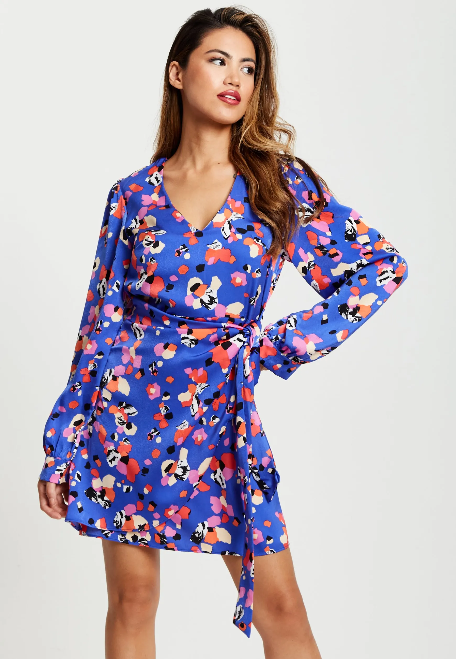 Women's Mini Dress with Long Balloon Sleeves in Multicolour Abstract Dot Print - Elegant Wrap Style by Liquorish