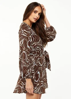 Women's Mini Dress with Long Sleeves and Tie Waist in Brown - Stylish Scribble Print by Liquorish