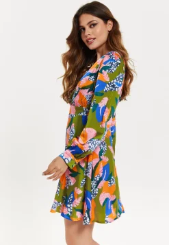 Women's Mini Dress with Long Balloon Sleeves in Olive - Abstract Leaf Print with V-Neck and Satin Shimmer Fabric by Liquorish