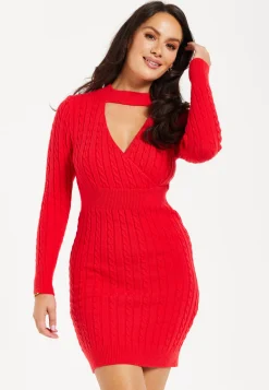 Women's Mini Dress with Long Sleeves and Unique Cut Out Front in Red - Cable Knit Style by Liquorish