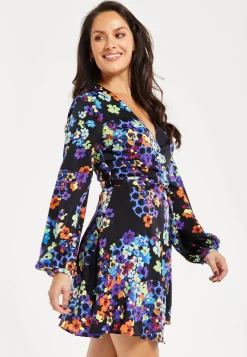 Women's Mini Dress with Long Balloon Sleeves in Orange and Blue Speckle Floral Print – Wrap Design by Liquorish