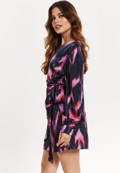 Women's Mini Dress with Long Balloon Sleeves in Black and Pink Abstract Print, Featuring Wrap Design and Side Leg Slit, Liquorish