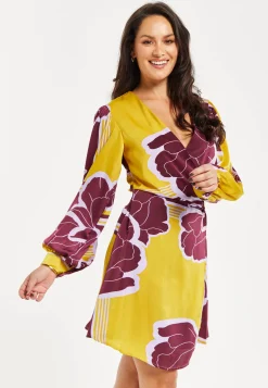 Women's Mini Dress with Long Balloon Sleeves in Yellow and Burgundy Geometric Floral Print - Liquorish