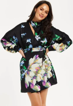 Women's Mini Dress with Long Balloon Sleeves in Floral Print and Cut Out Detail - Elegant Black and Multi-Colored Design by Liquorish