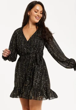Women's Mini Dress with Long Sleeves in Gold Chiffon - Stylish Wrap Design, Perfect for Any Occasion - Liquorish