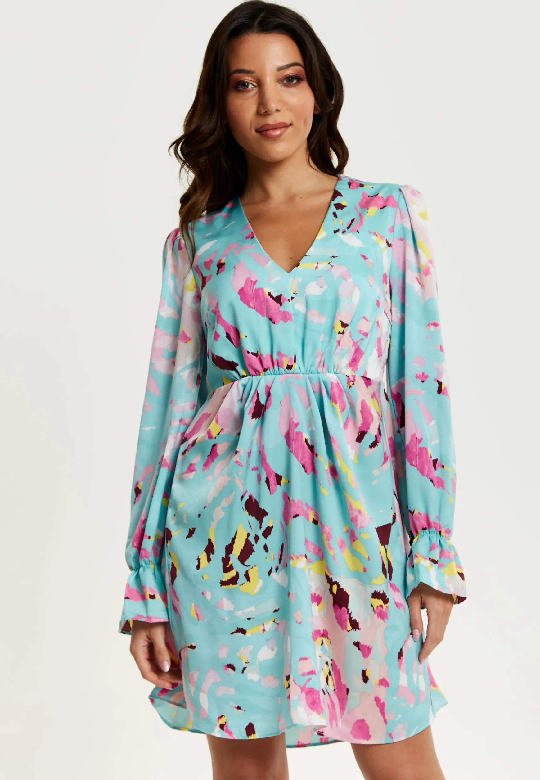Women's Mini Dress with Long Sleeves, Blue Abstract Print, Open Back Design, Chic & Flattering - Liquorish