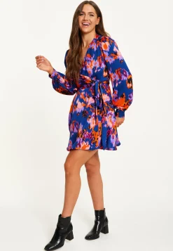 Women's Mini Dress with Long Sleeves in Navy Featuring Abstract Print Wrap Style by Liquorish