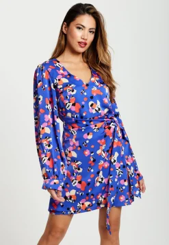 Women's Mini Dress with Long Balloon Sleeves in Multicolour Abstract Dot Print - Elegant Wrap Style by Liquorish